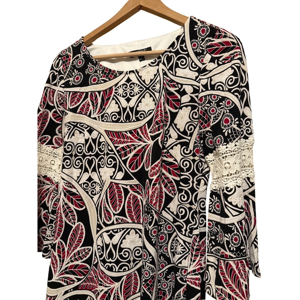 Glamour Women Print Long Sleeve Lace Trim Shift Dress Size 8